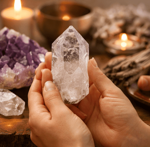 une pointe de cristal de roche , méditation et clarté 
